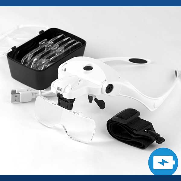 VISIONAID™ Magnifying Glasses with LED Light, Headband, 5 Lenses - USB Rechargeable