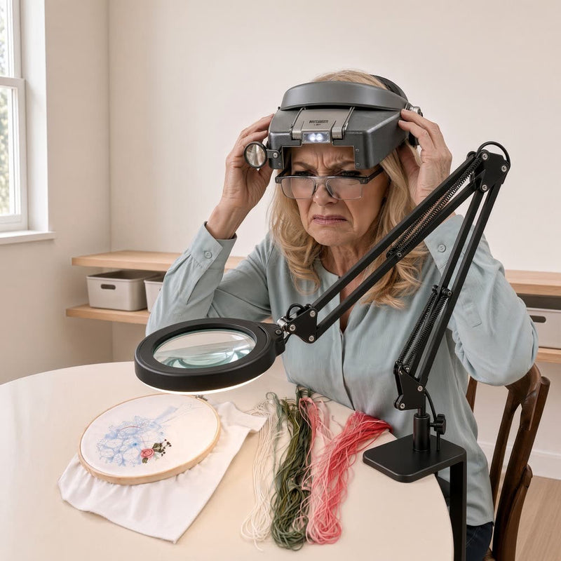 Frustrated woman adjusting a bulky magnifier visor on her head beside a clamp-on desk magnifier lamp, with an embroidery hoop and threads on the table