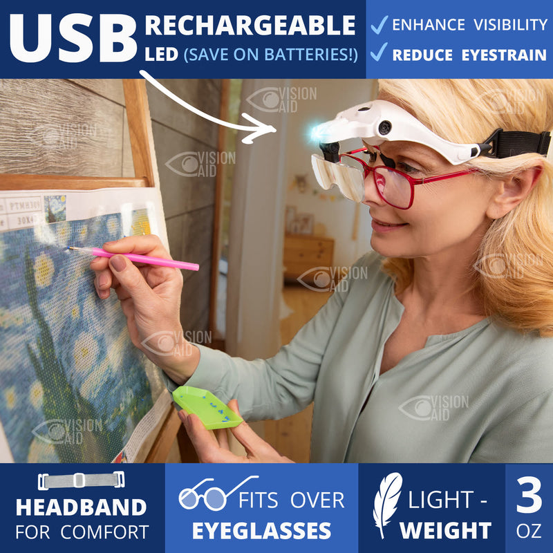 Woman doing diamond art while wearing VisionAid magnifying glasses over her eyeglasses. USB rechargeable LED light, headband for comfort, fits over eyeglasses, lightweight 3 oz