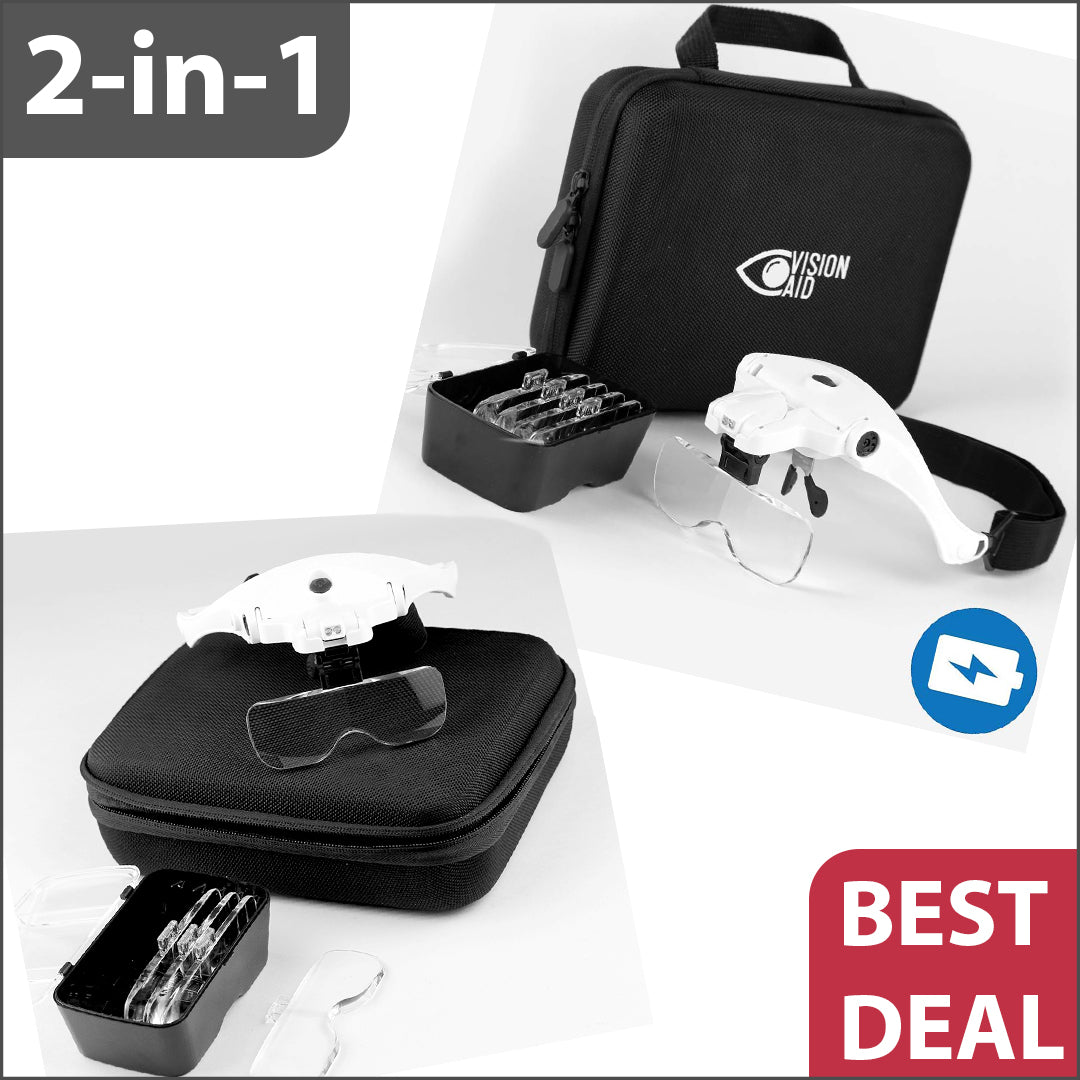2-in-1 Combo VisionAid: 1 Battery Powered and 1 USB Rechargeable Set with Protective Storage Case (2 sets of 5 lenses)