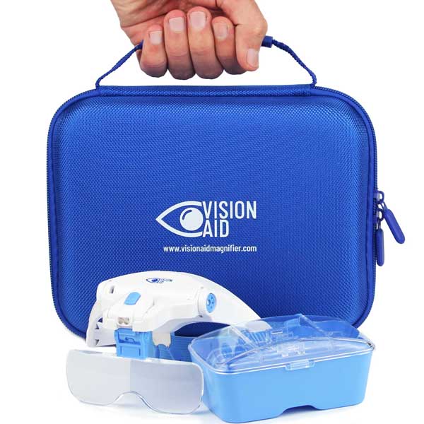 BLUE Edition - Vision Aid Magnifier with LED Light, 5 Lenses, Headband - Battery version